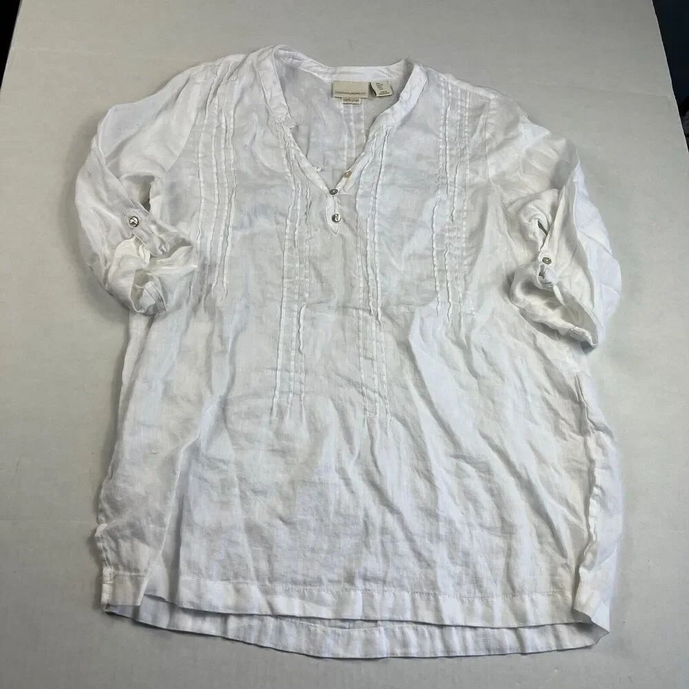 Cynthia Rowley Linen Tunic White 3/4 Sleeve Roll Tab Shirt Breathable Top LARGE